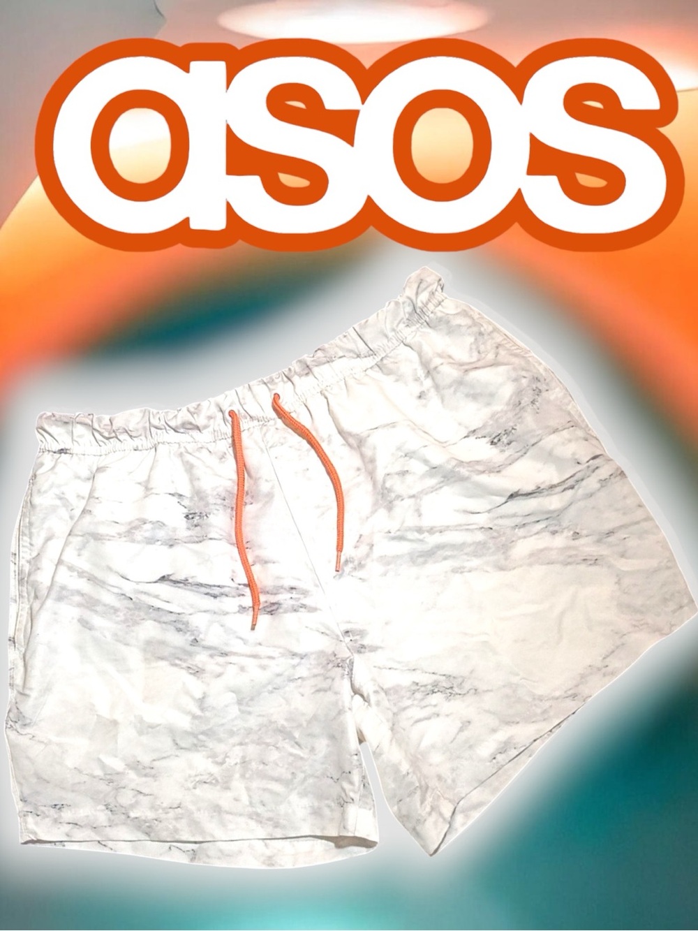 EUC ASOS Swim Shorts White Gray Marble Pattern Orange Drawstring Sz Md Lng